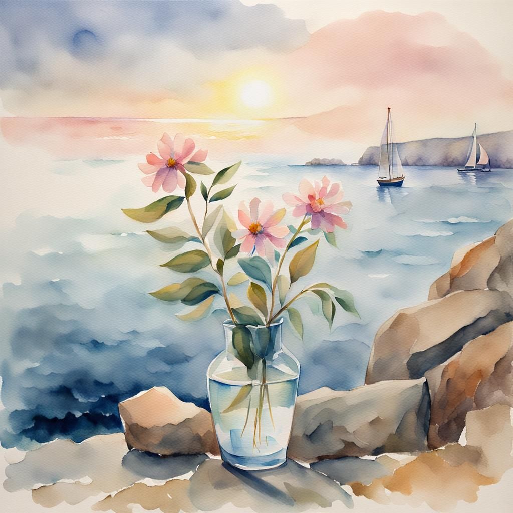 Watercolor Flower by the Sea in Impressionist Style