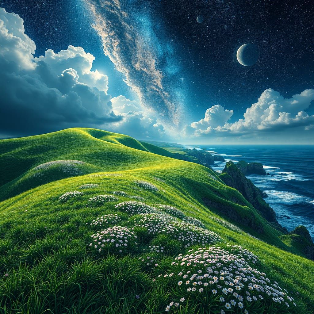 Astral Coastal Landscape in Mixed Media Style