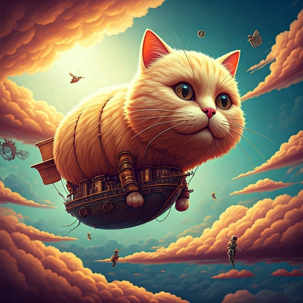 Steampunk Cat Airship Soaring Through Clockwork Sky