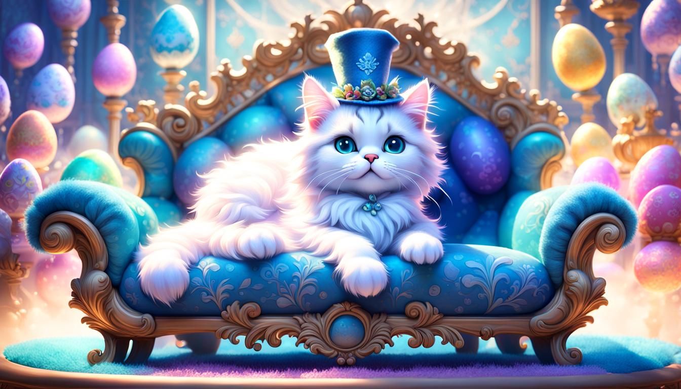 fluffy chibi cat laying on a baroque couch with easter hats ...