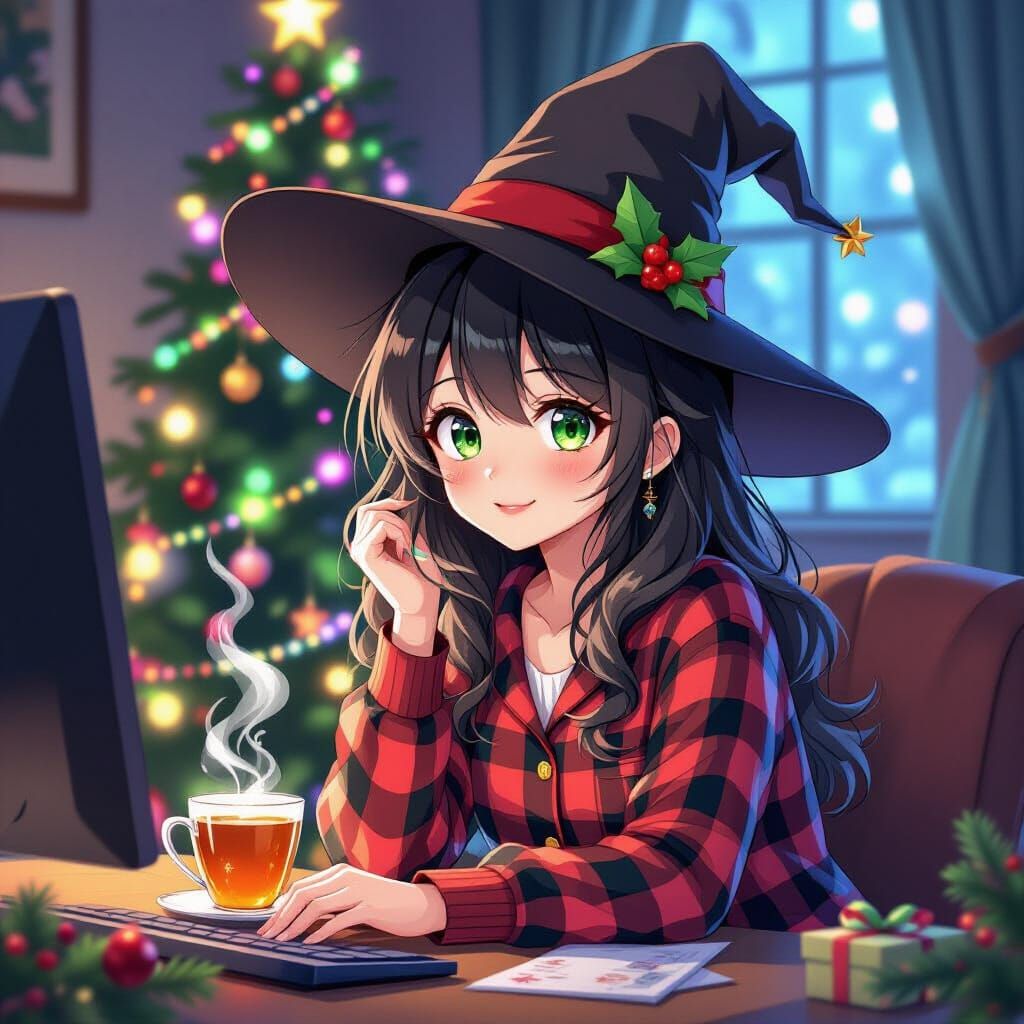 Cozy Witch at Computer with Christmas Tree, Anime Style