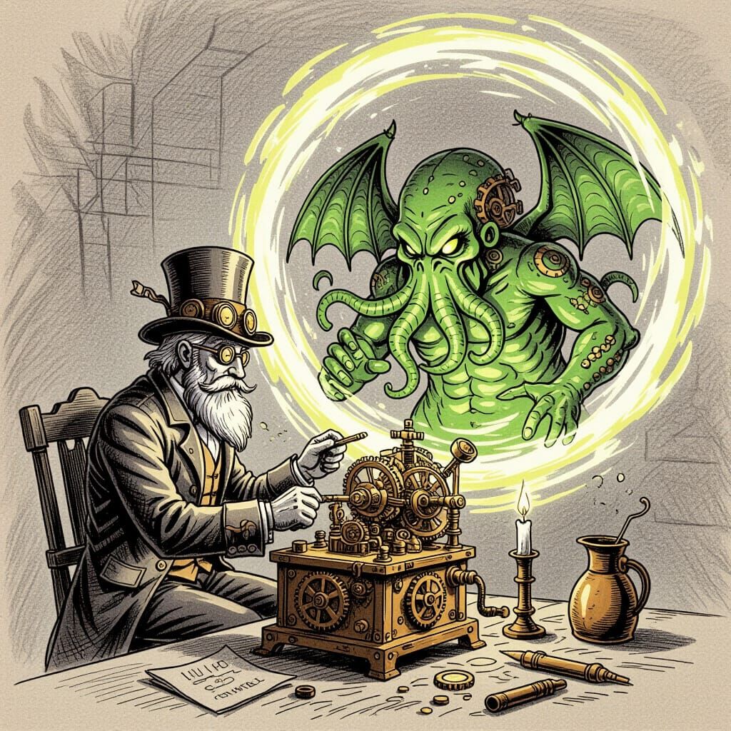 Steampunk Jenkins Summons Cthulhu in Charcoal Drawing