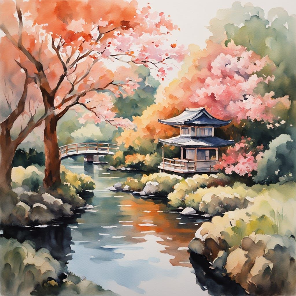 Serene Japanese Garden at Dawn with Cherry Blossoms
