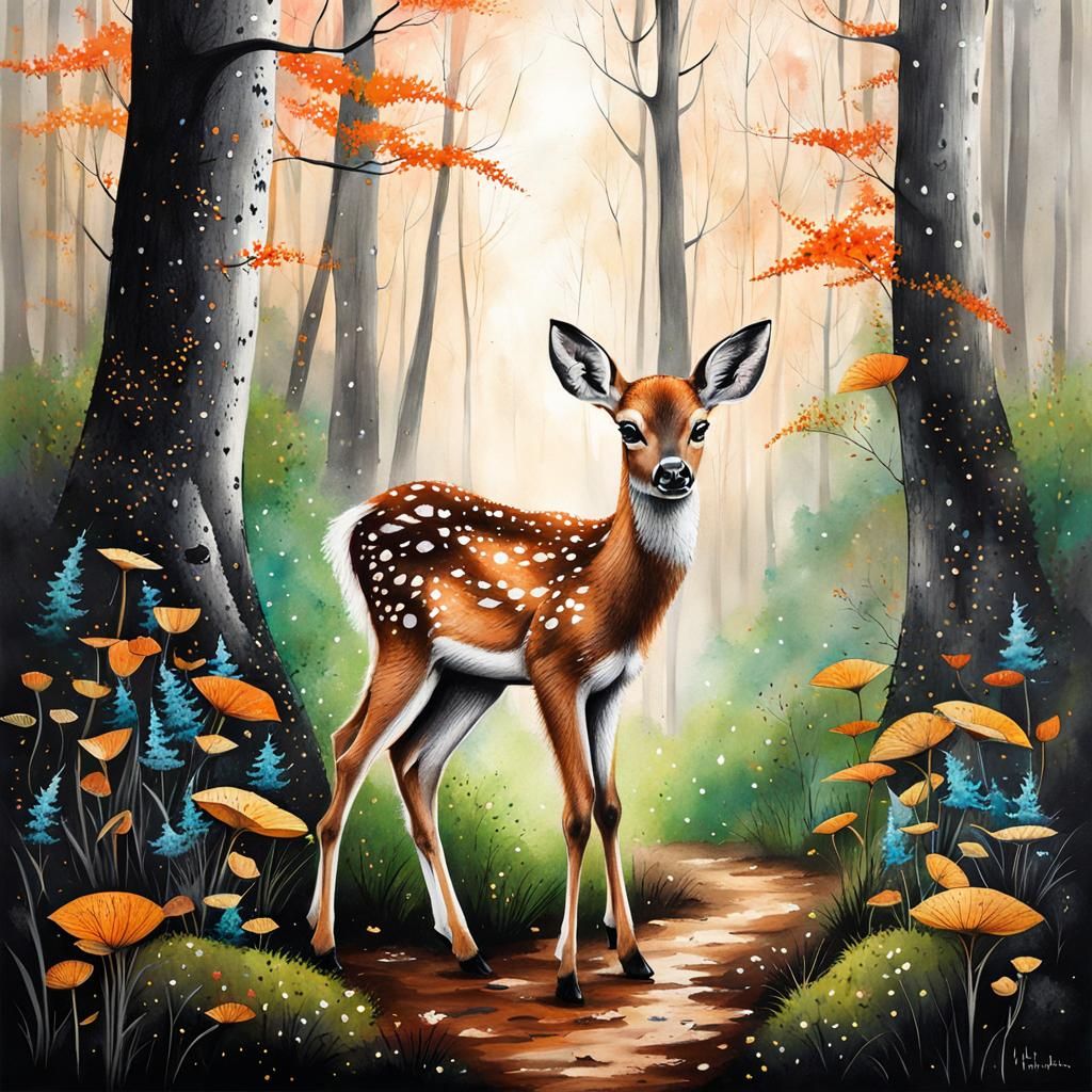 Adorable Fawn in Magical Forest Illustration
