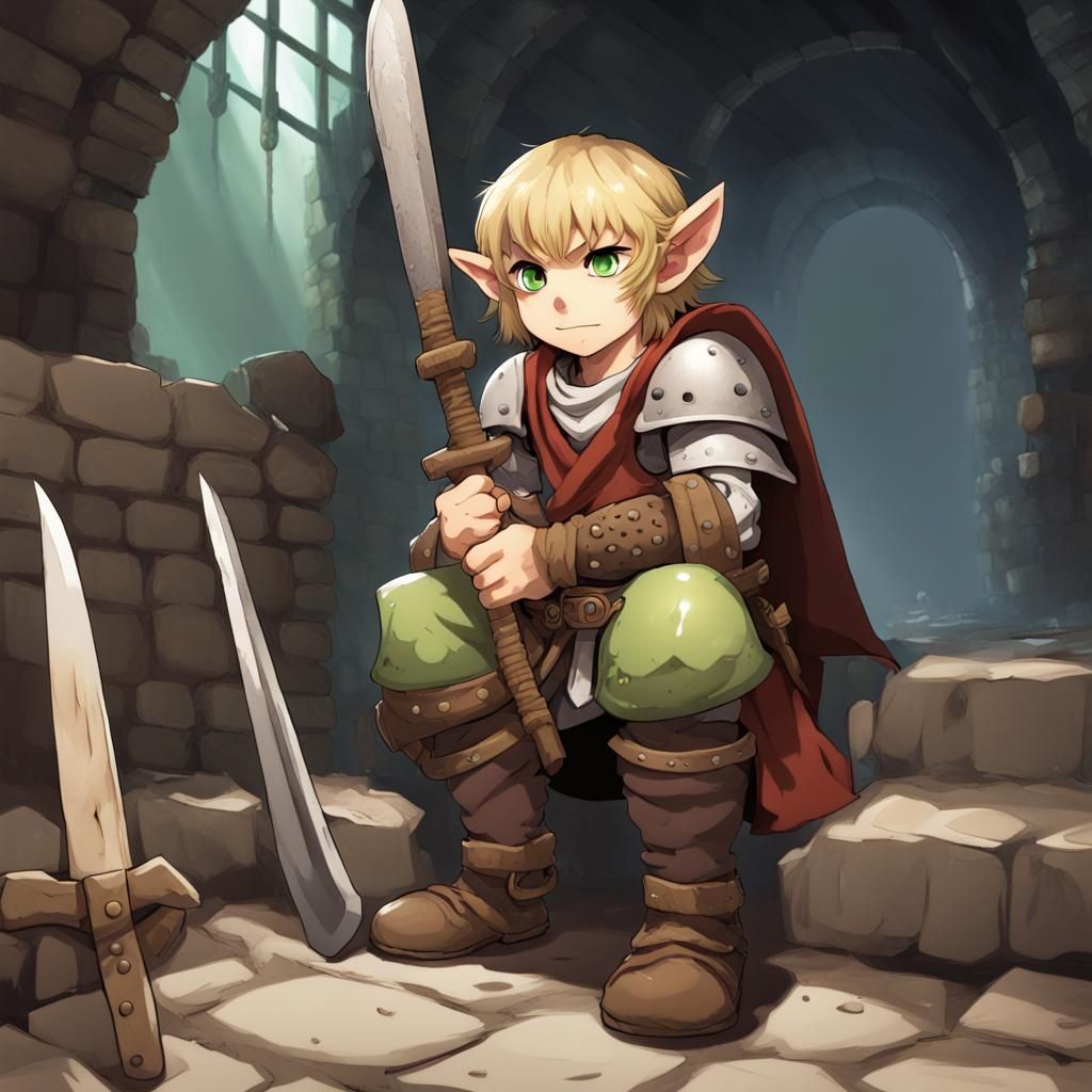 Anime Halfling Warrior in Dungeon with Colander Helmet