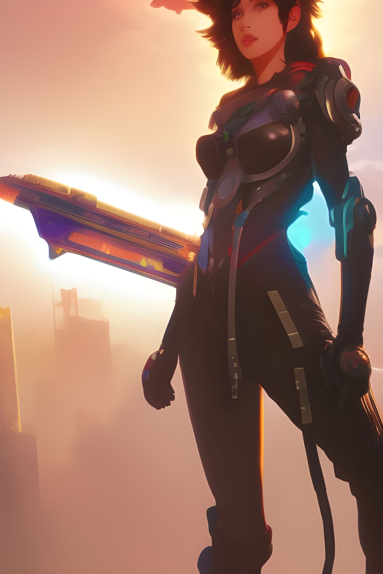 Cyberpunk Anime Girl in Mecha Armor Flying in Neon Sky