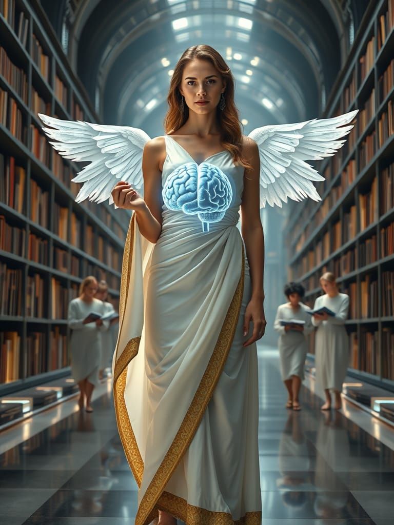 Greek Muse in Futuristic Library With Angels