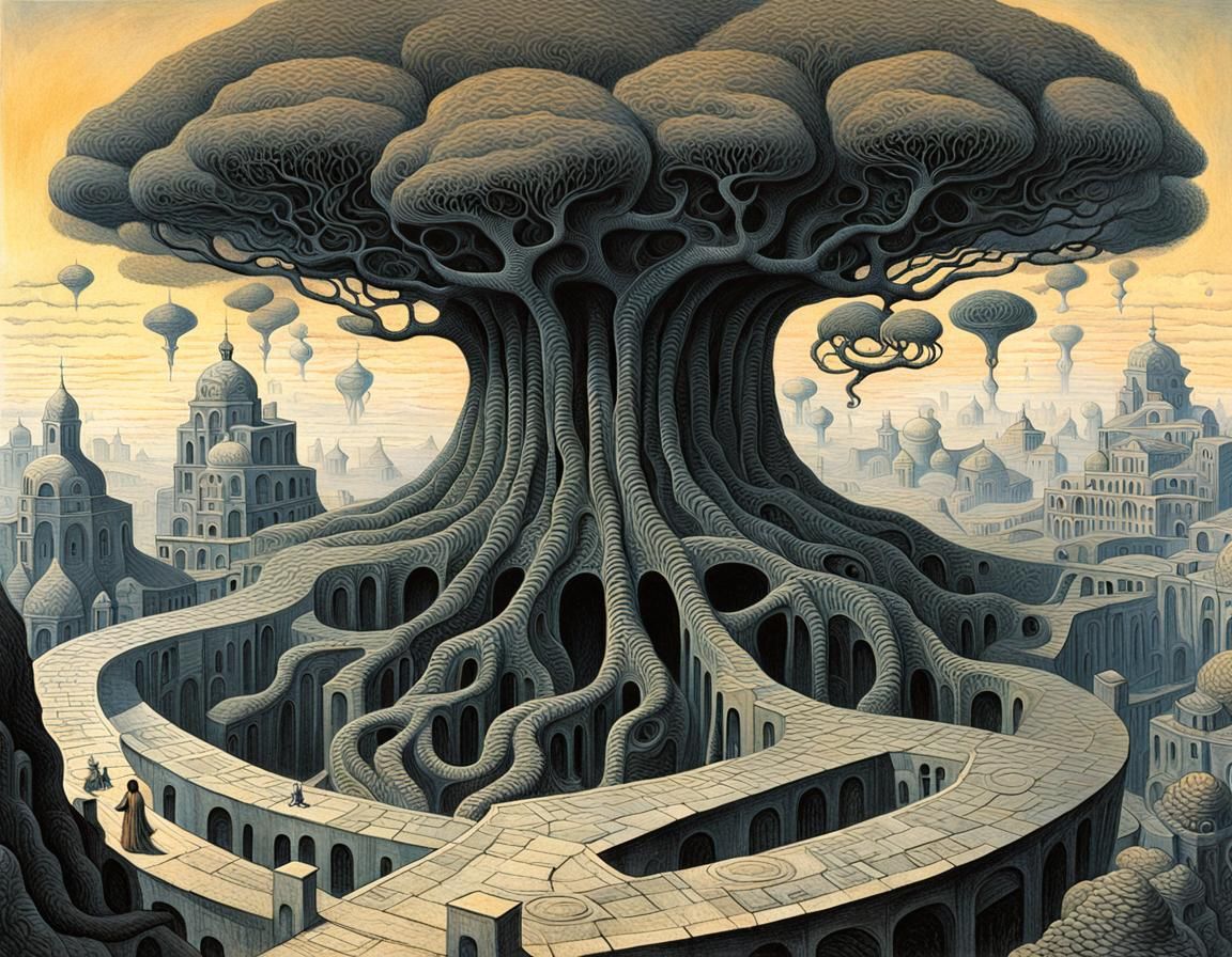 Surreal Architectural Tree at Sunset as Digital Art