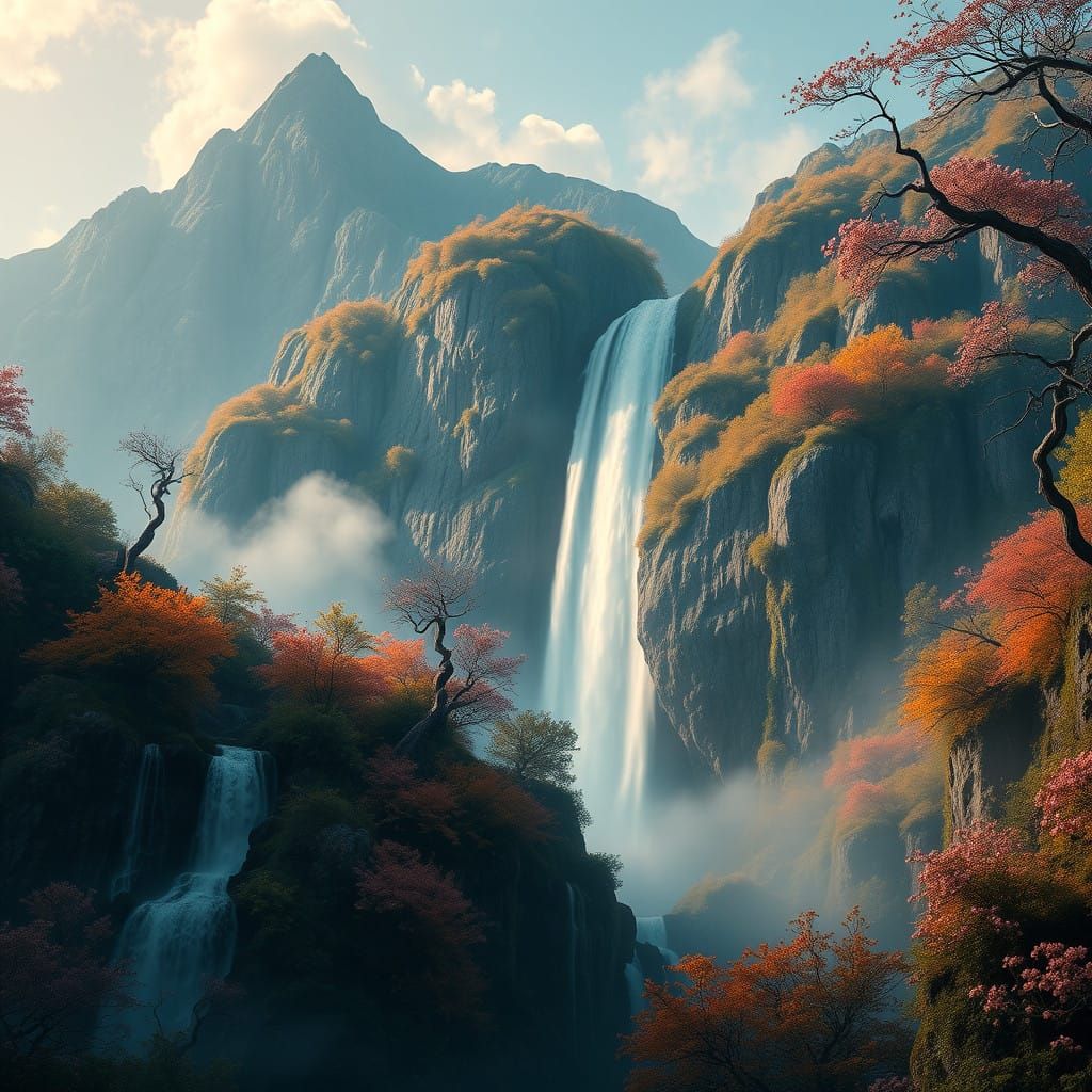 Magical Waterfall Landscape in Vibrant, Dreamlike Colors