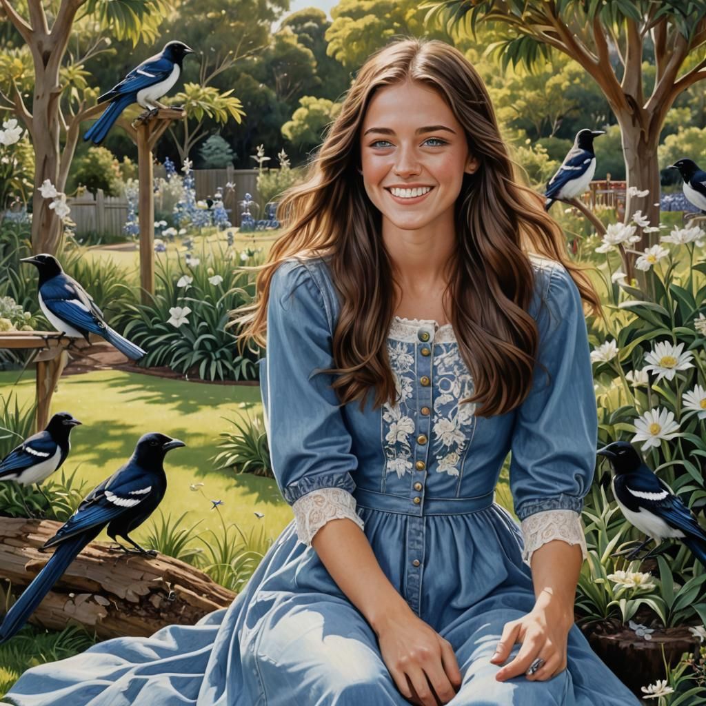Girl Surrounded by Magpies: Detailed Digital Portrait