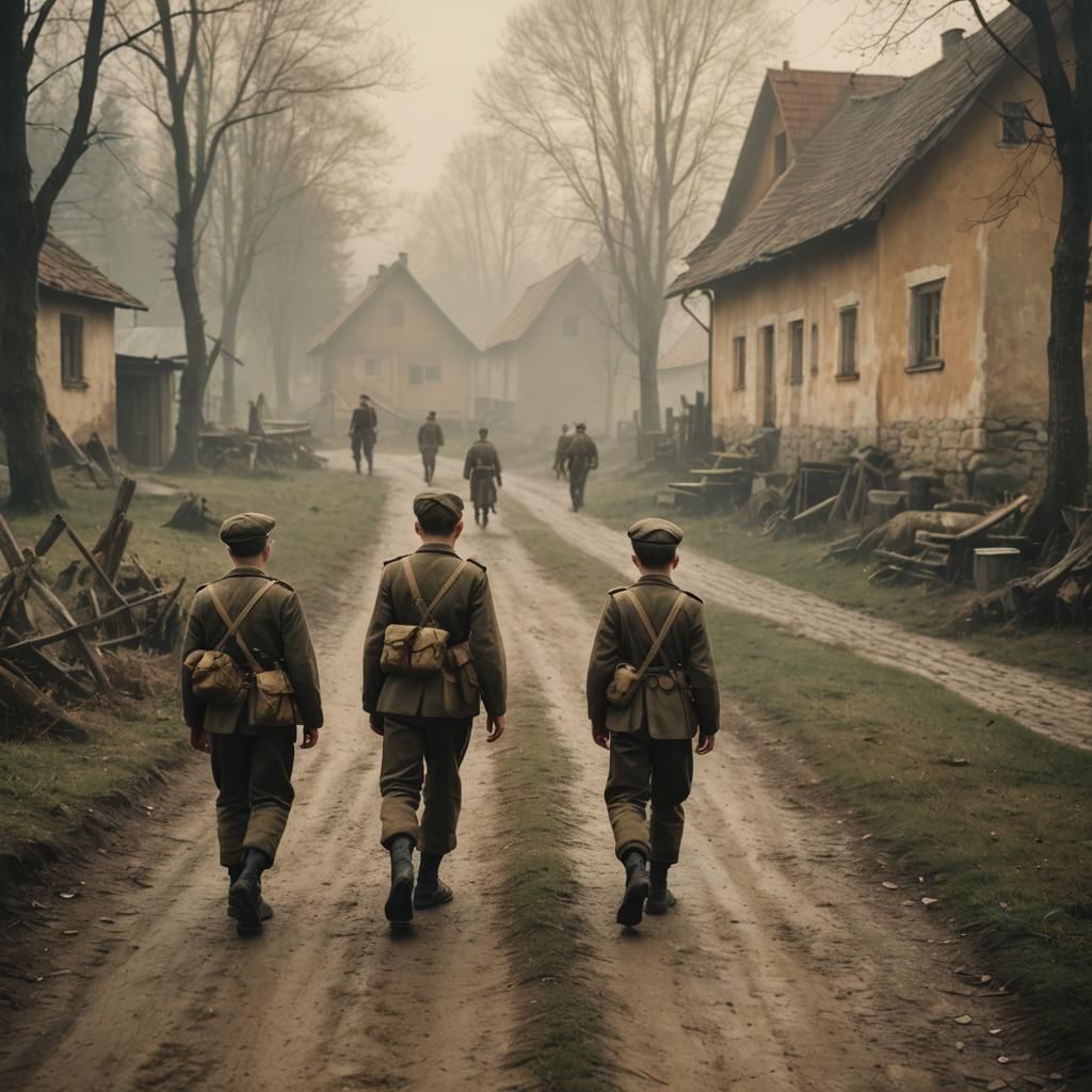 Young Boys Departing a Polish Village in Cinematic Film Styl...