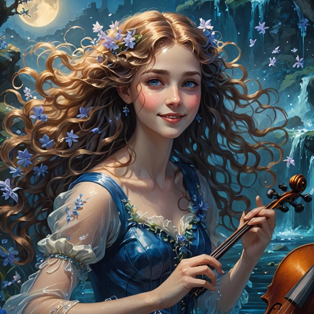 Fairy Violinist in Moonlit Waterfall Scene