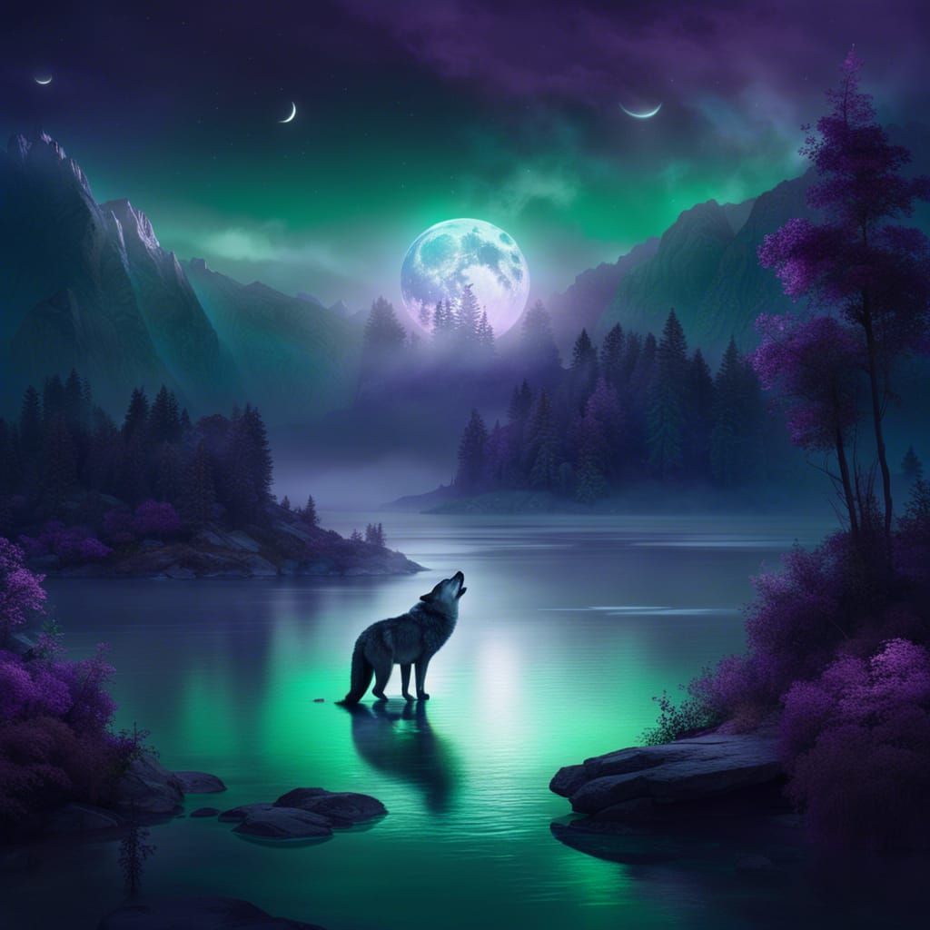 Wolf Howling at Moon Over Misty Lake