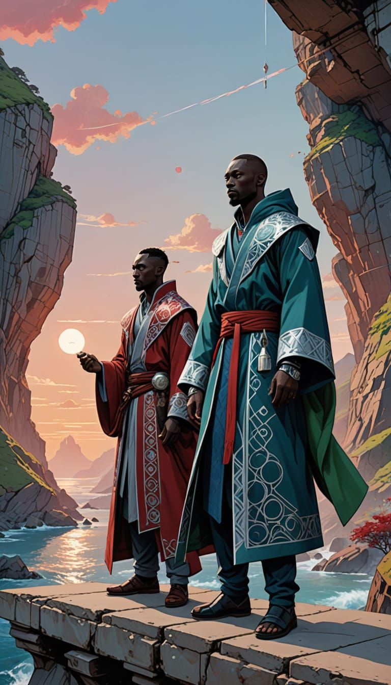 Young Men Stand on Ancient Bridge at Sunrise in Vibrant Futu...