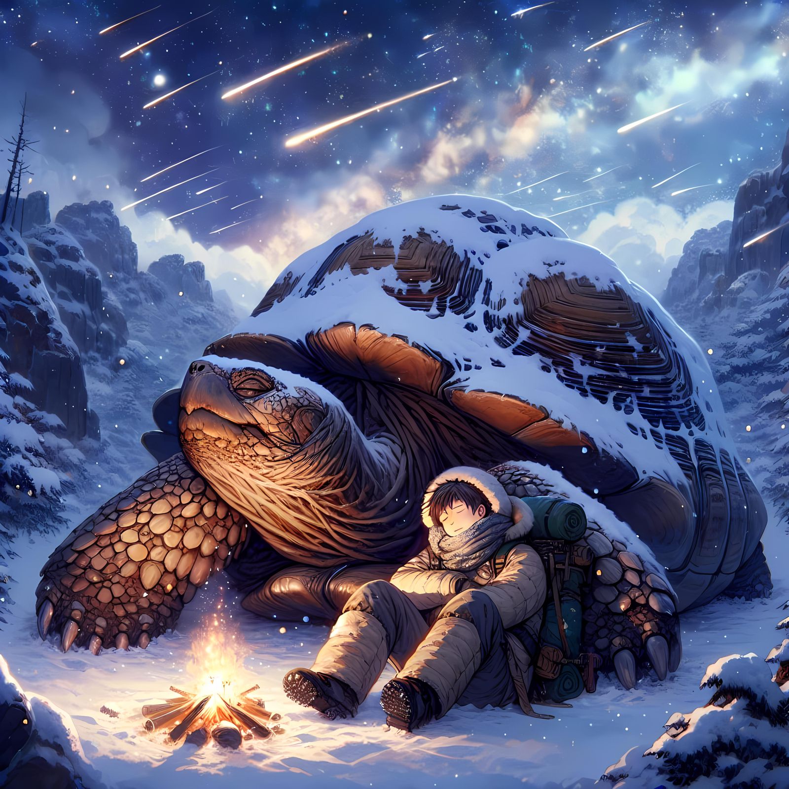 Man and Tortoise in Winter Wonderland, Anime Style