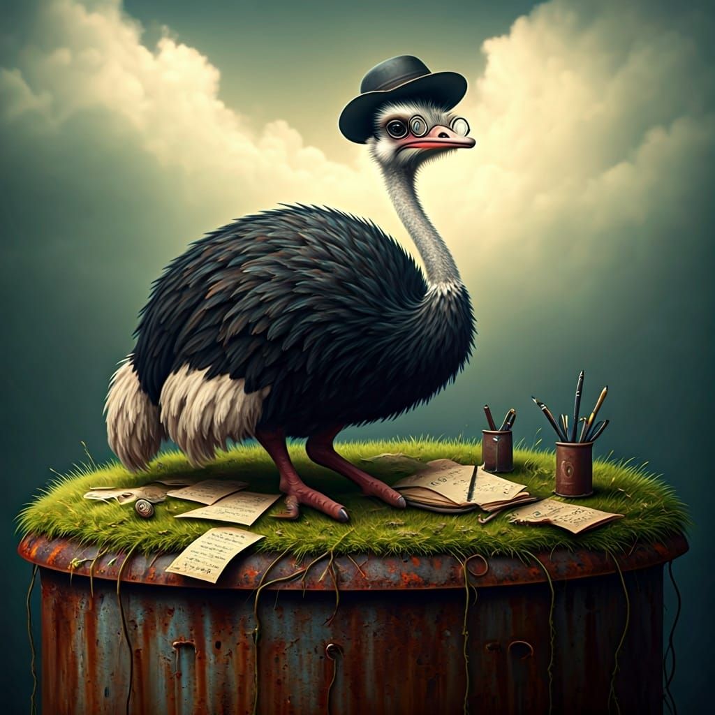 Whimsical Ostrich Writer on Bunker, Storybook Illustration