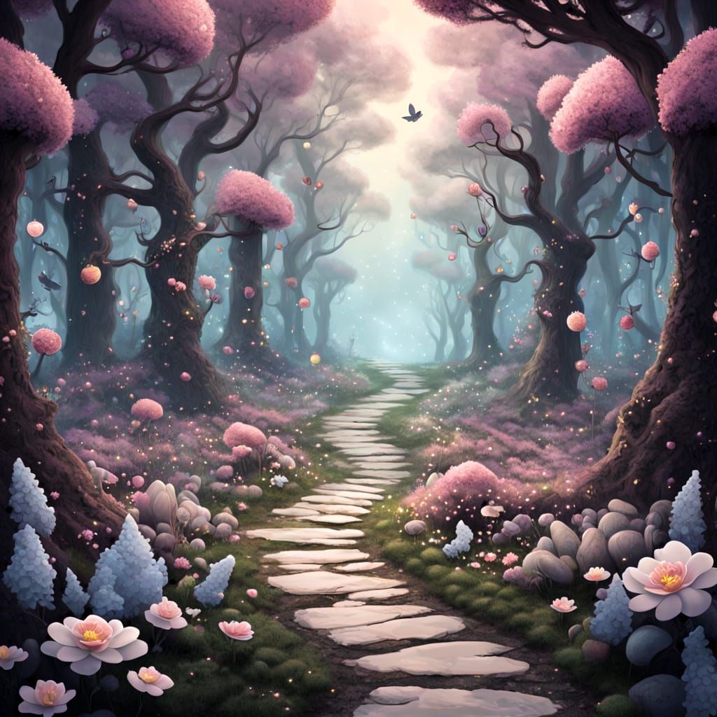 Mystical Forest Path in Superflat Style