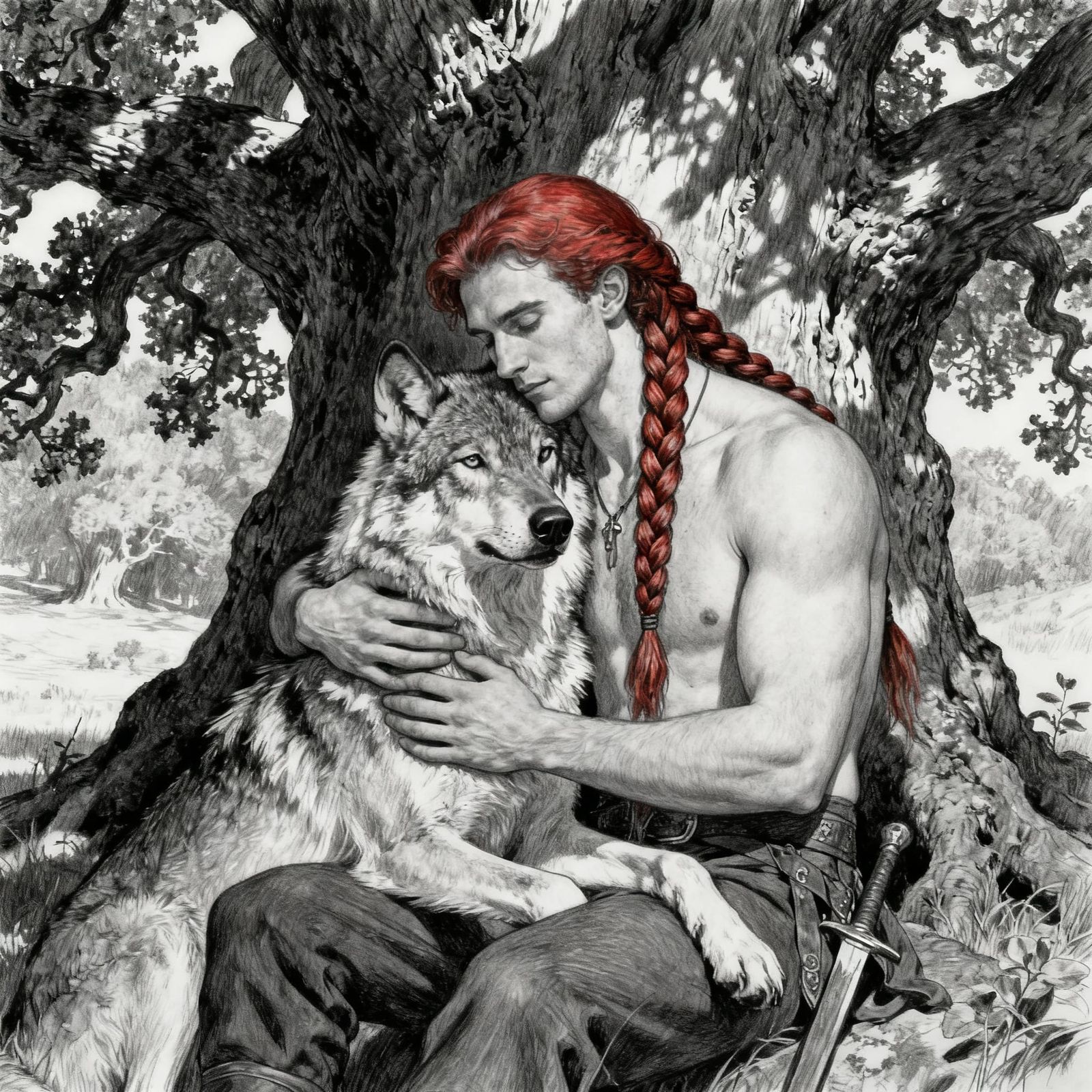 Man and Wolf Embrace Under Oak Tree, Pencil Drawing