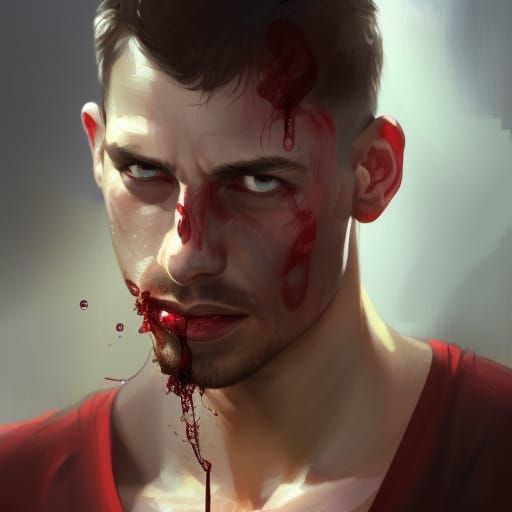 Detailed Portrait: Sweaty Man with Blood