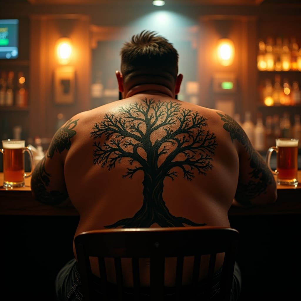 Imposing Man in Bar with Tree Tattoo