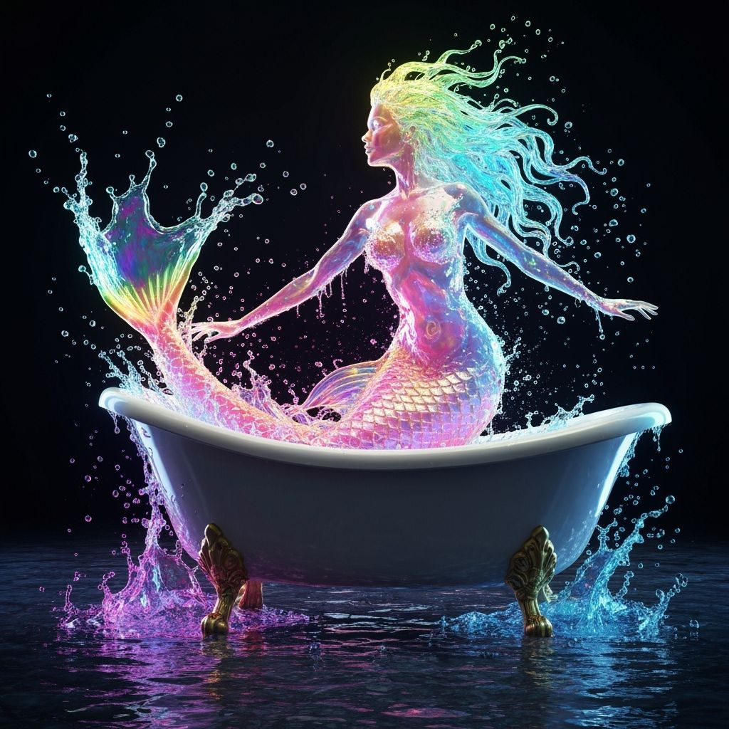 Mermaid Sculpted From Rainbow Water In Ornate Bathtub