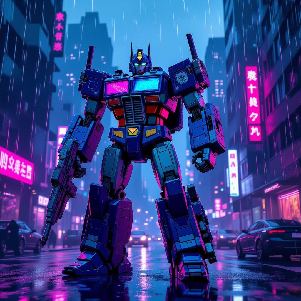 Cybernetic Optimus Prime in Cyberpunk City