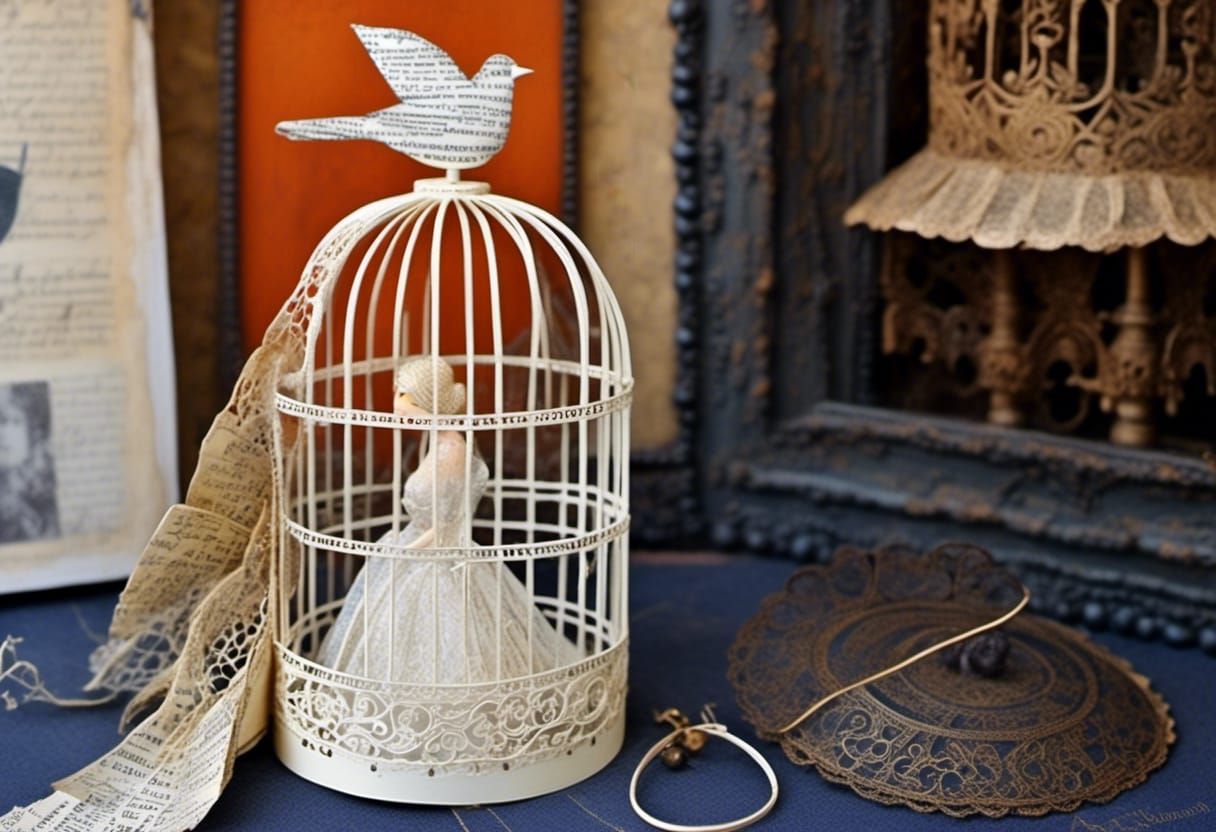 Woman's Birdcage Hat: Vintage Collage Portrait