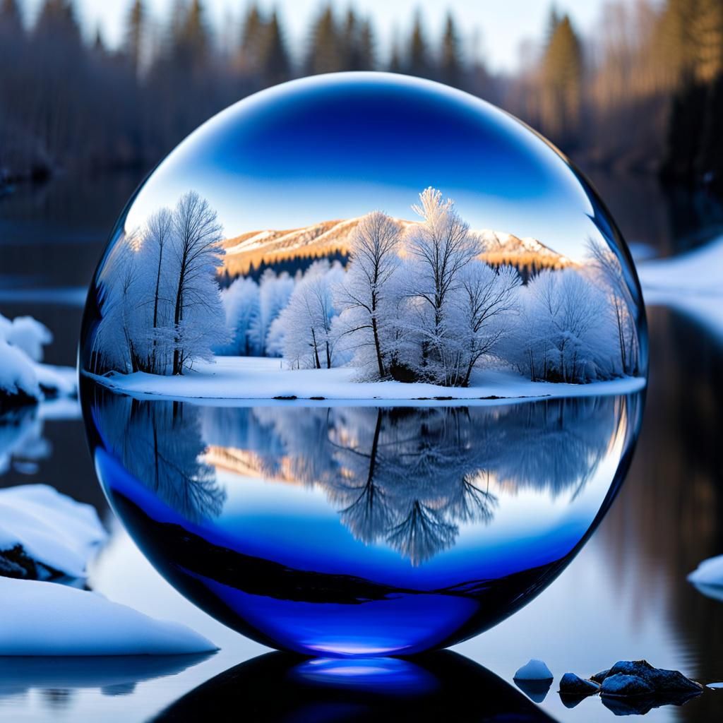 Winter Riverscape Mirrored in Glass Sphere