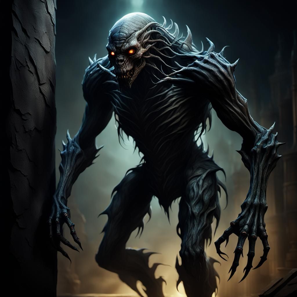 Ominous Dark Fantasy Creature in Shadows