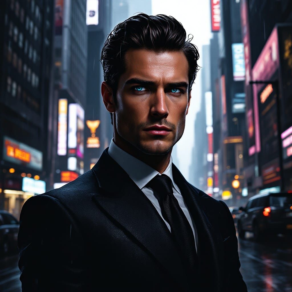 Handsome Man in Dystopian Cityscape