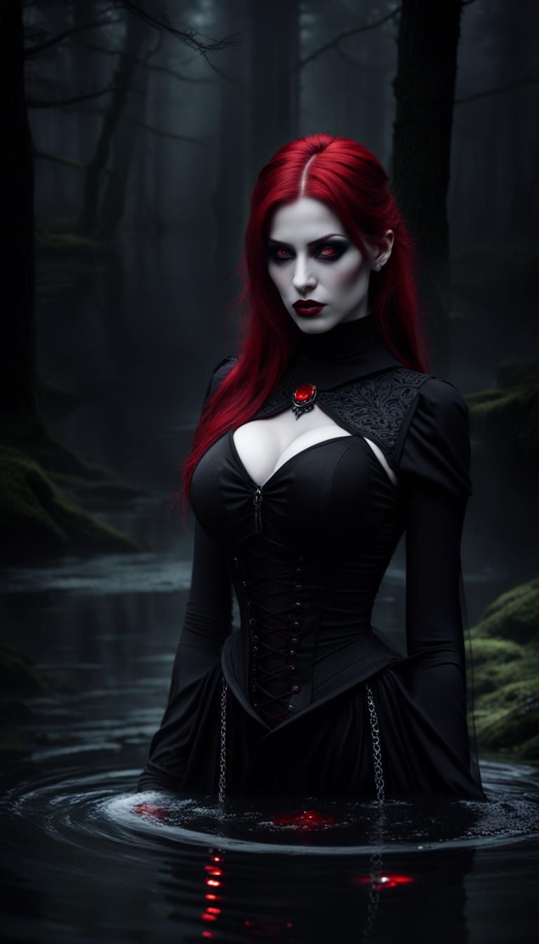 Gothic Redhead Vampire Emerges from Misty Lake