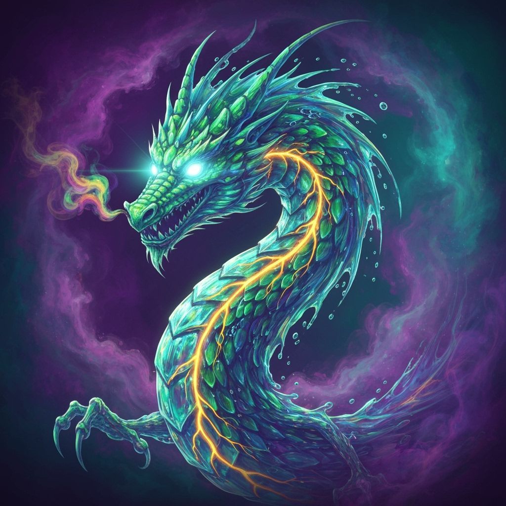 Liquid Dragon of Emerald and Sapphire in Cosmic Nebula