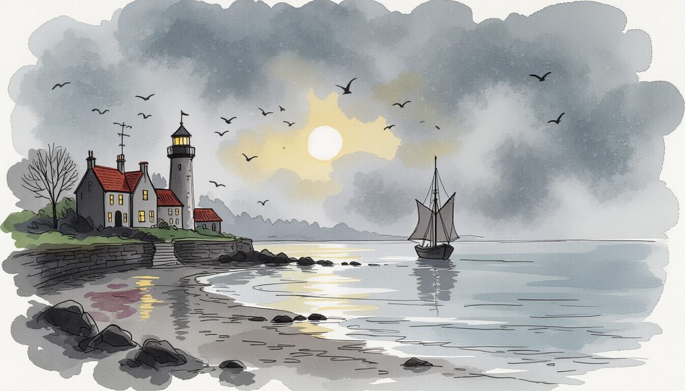 Misty Seaside Morning in Fairy Tale Sketch Style