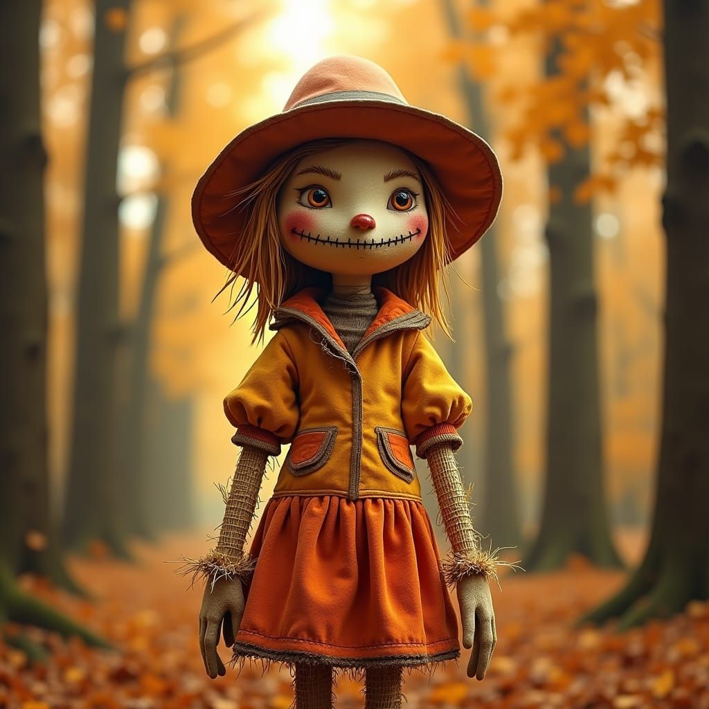 Whimsical Scarecrow in Autumn Landscape, Photography