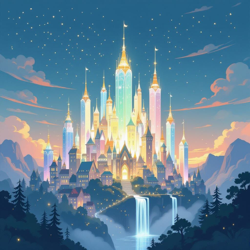 Twilight Crystal City with Bioluminescent Fairies