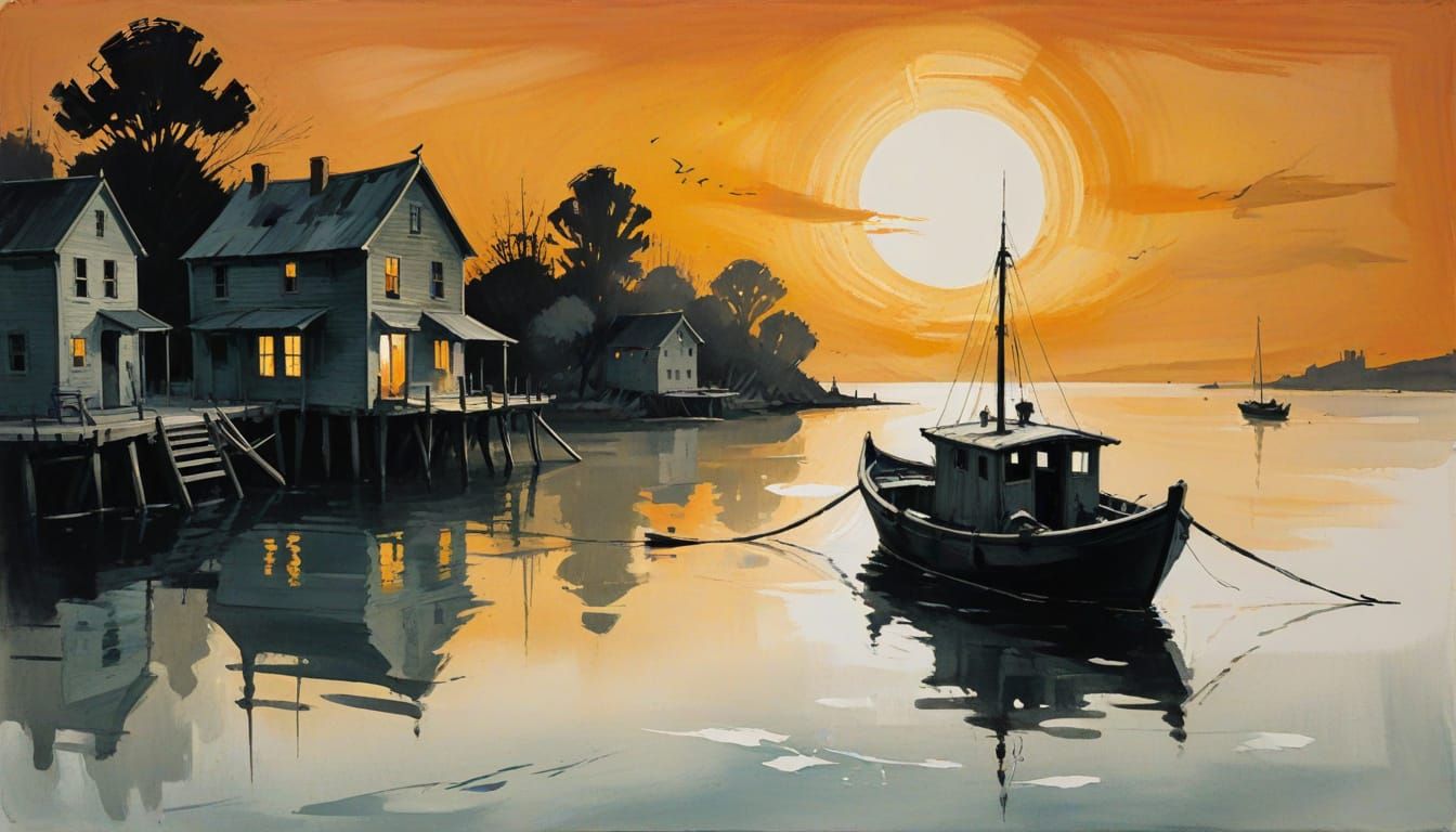 Golden Hour Boat Docked, de Kooning Style