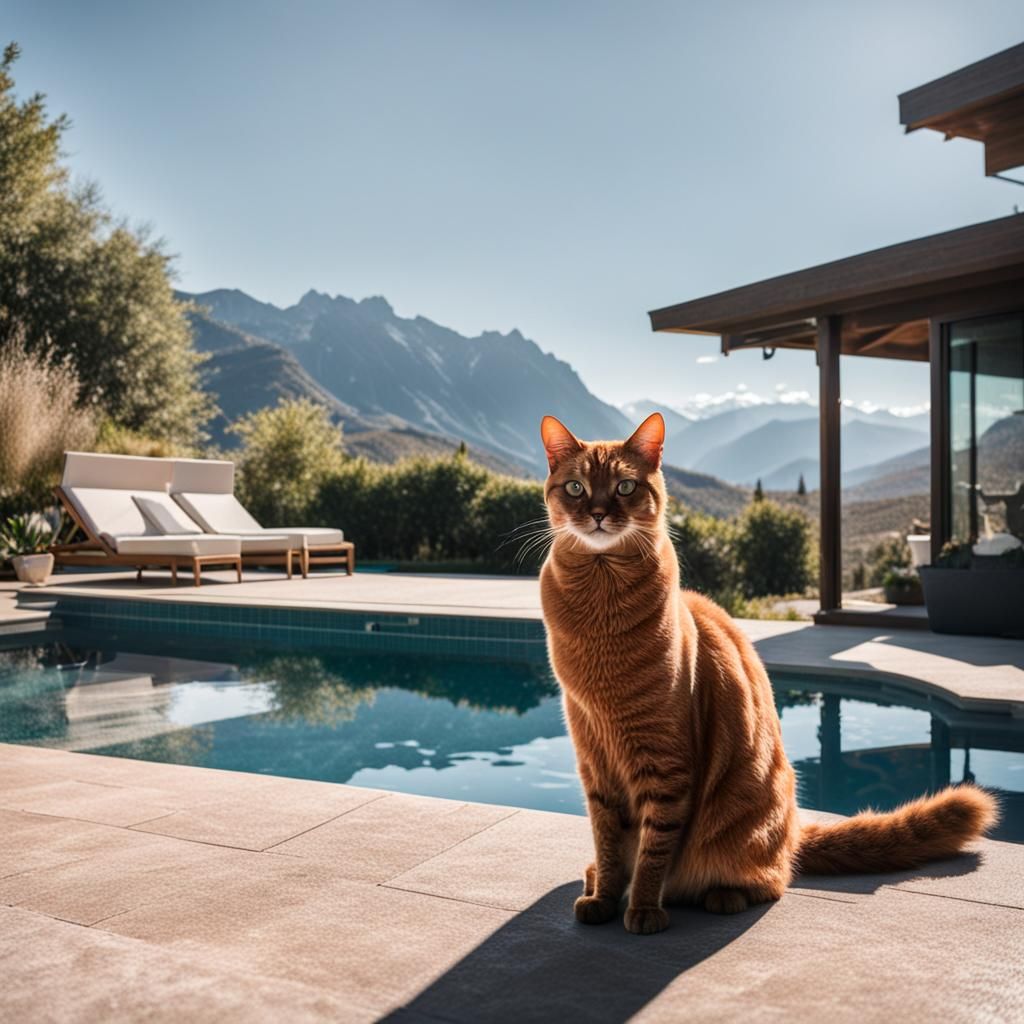 Cat with Sunglasses Relaxing by Pool