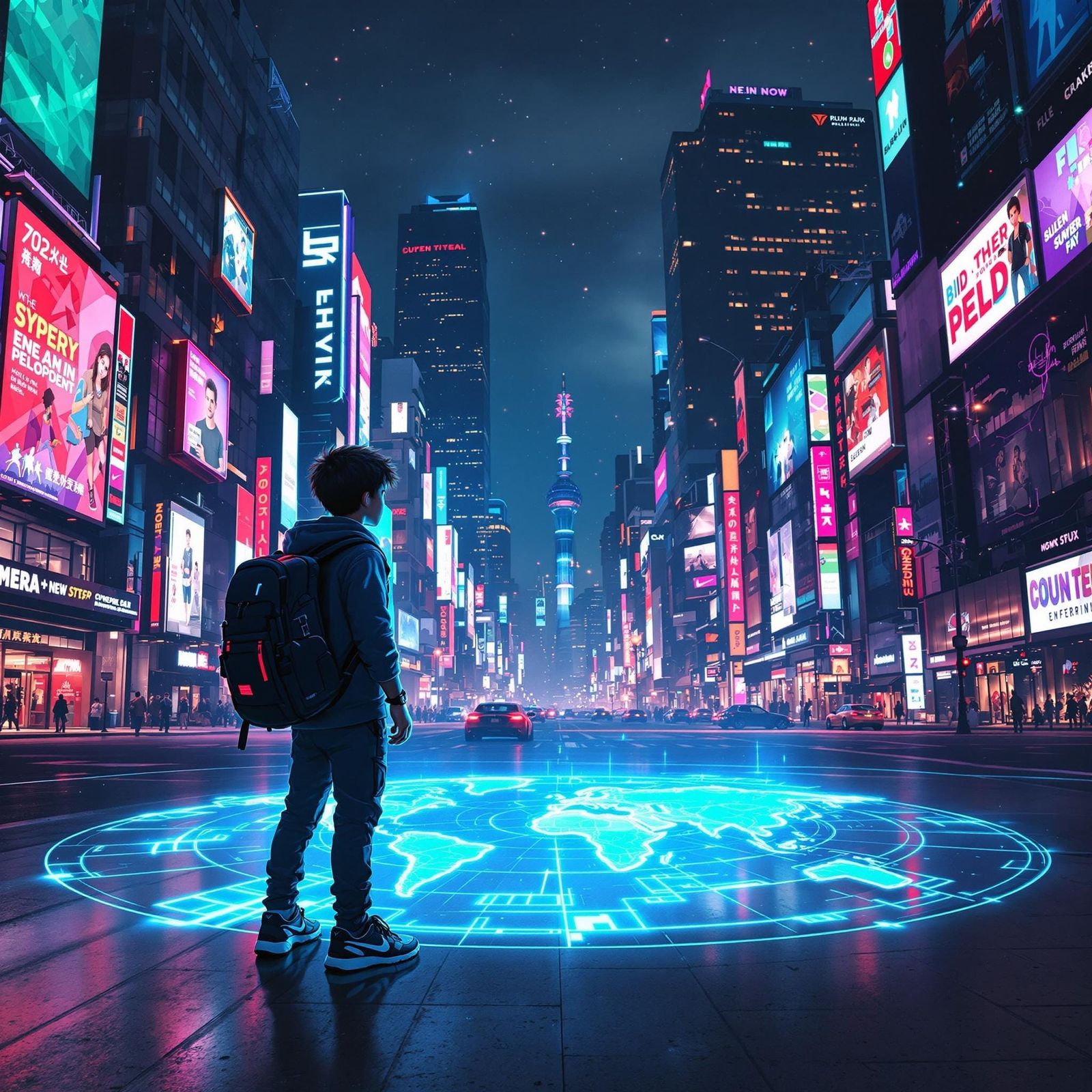 Young Urban Explorer in Neon Futuristic Metropolis