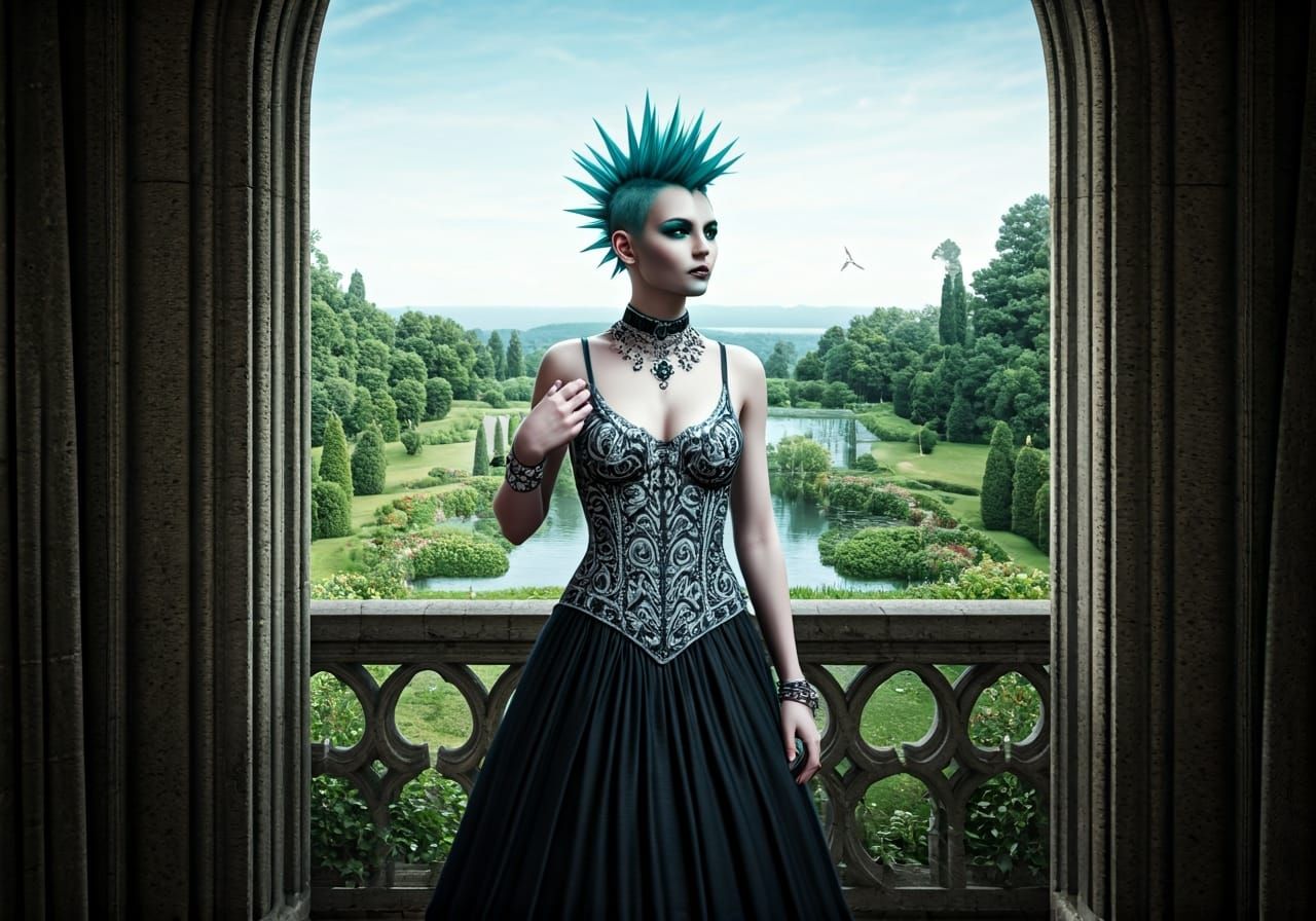 Gothic Bride with Turquoise Hair on Castle Balcony