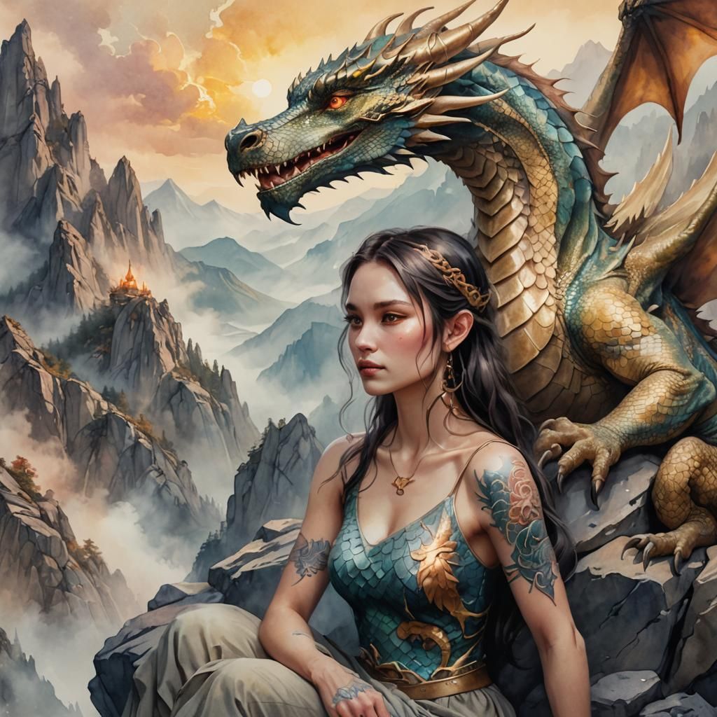 Dragon with Tattoo in Watercolor Fantasy Style