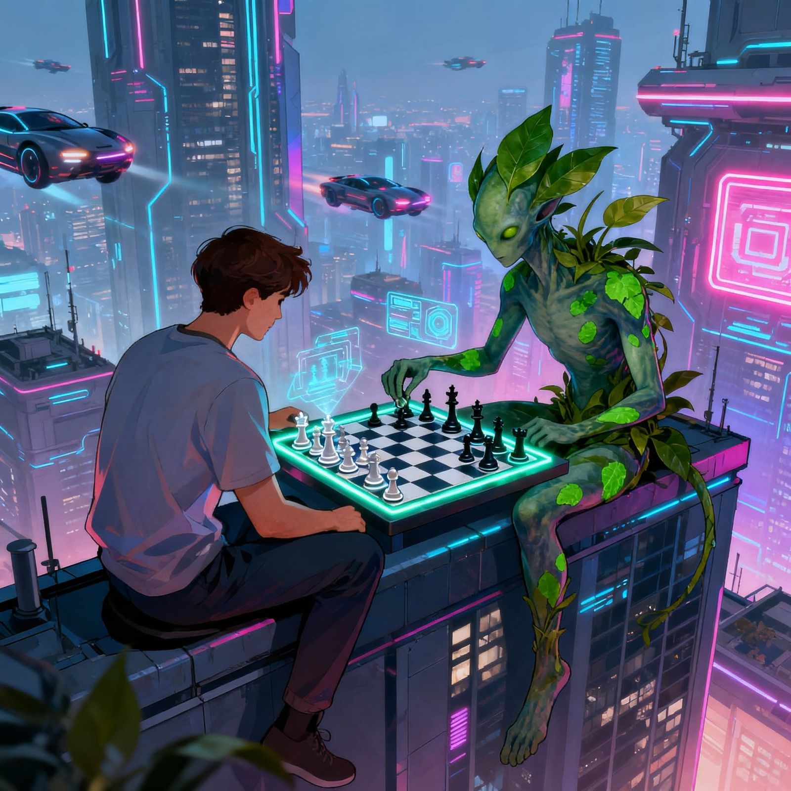 Futuristic Chess Game Between Human and Alien