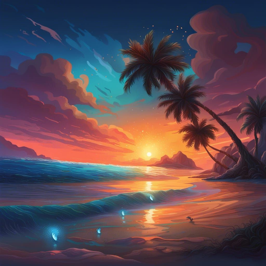 Bioluminescent Sunset Beach in Hyperrealistic Splash Art