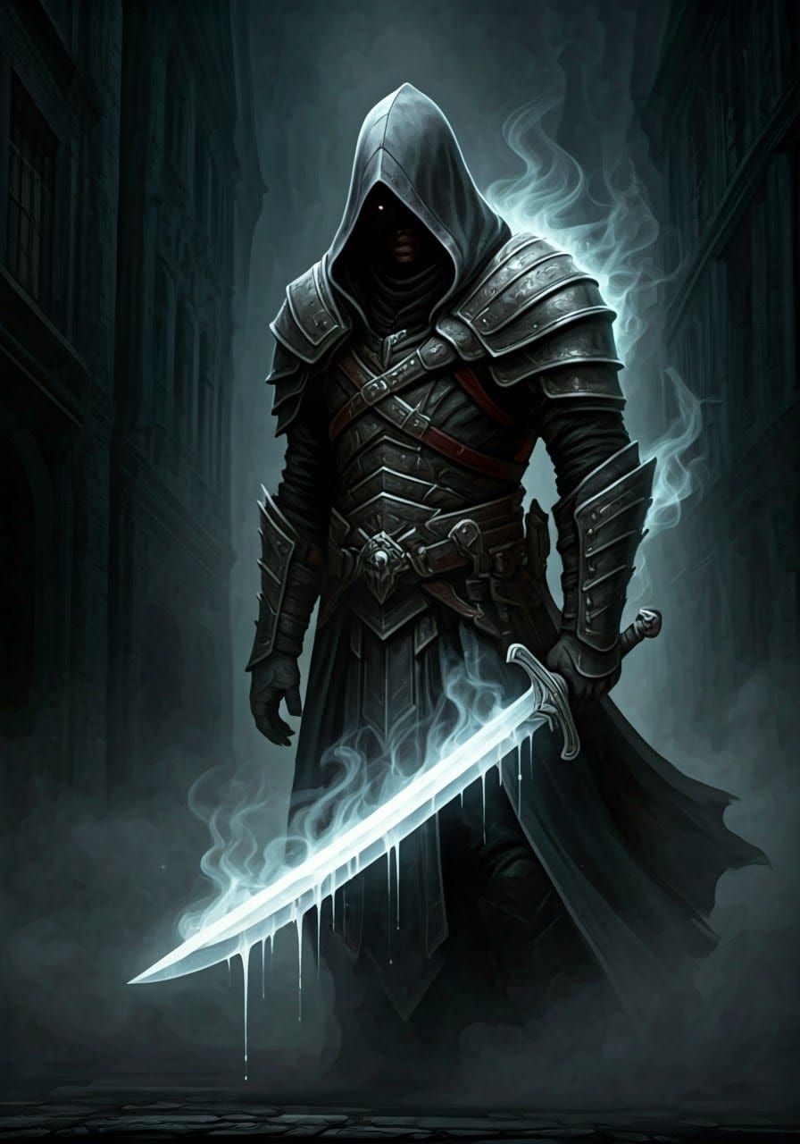 Ghostly Assassin in Misty Alleyway