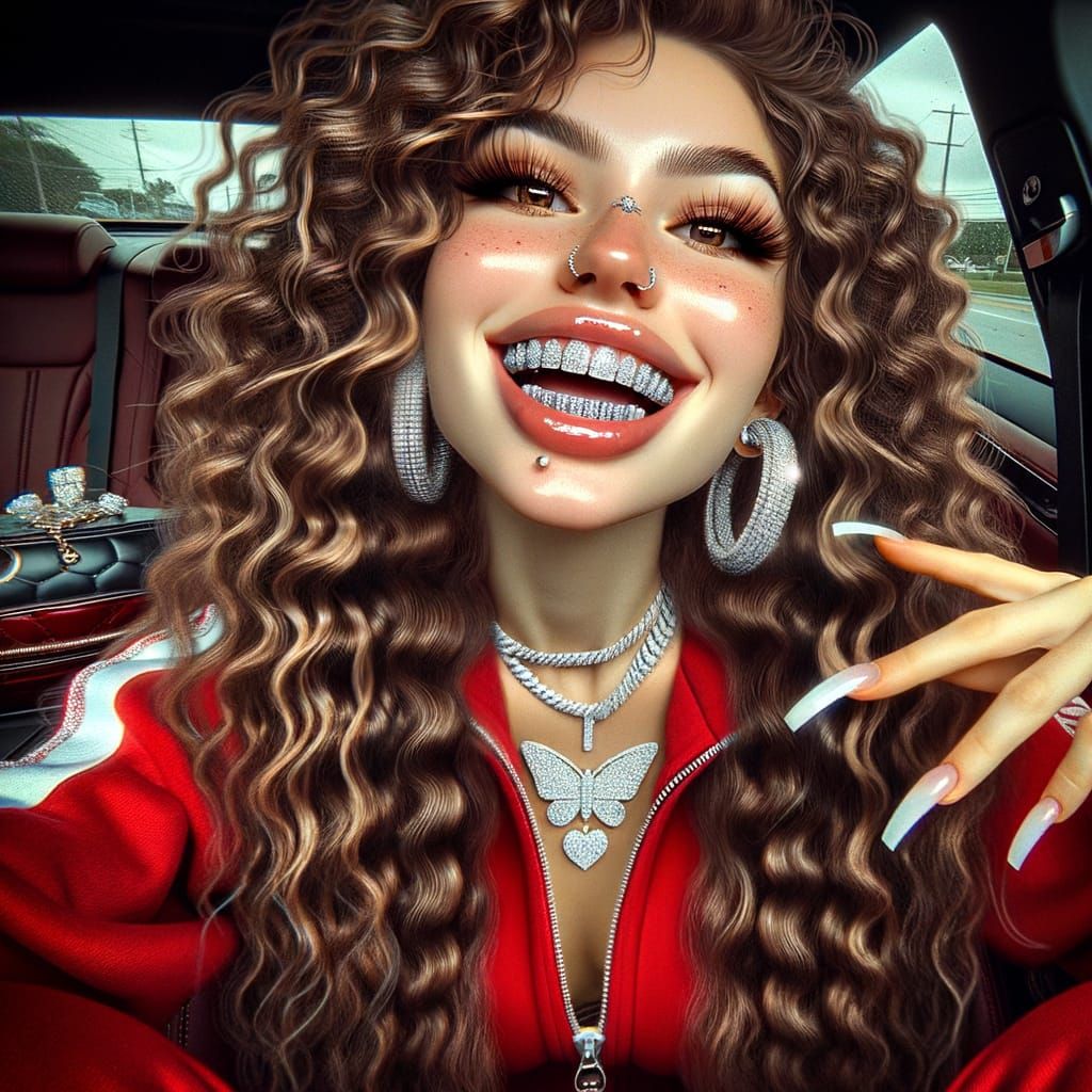 Glamorous Fantasy Portrait with Curly Brown Hair and Shiny G...