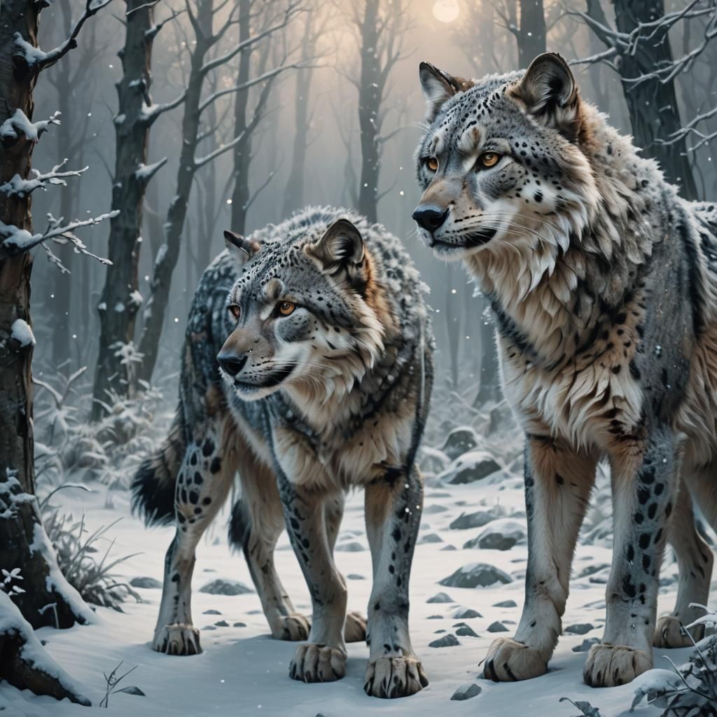 Wolf-Leopard Hybrid in Mystical Snowy Forest