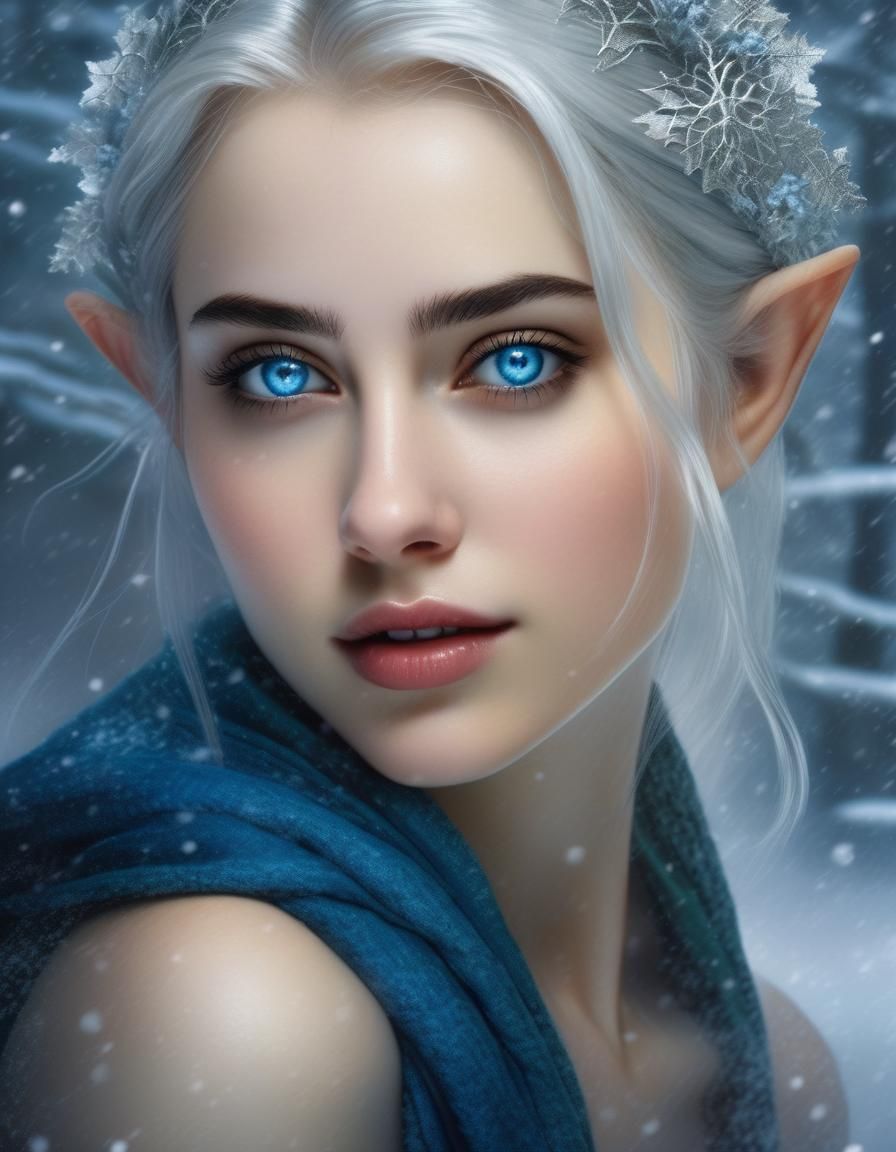 Silver-Haired Elf in Winter Blizzard, Gothic Art