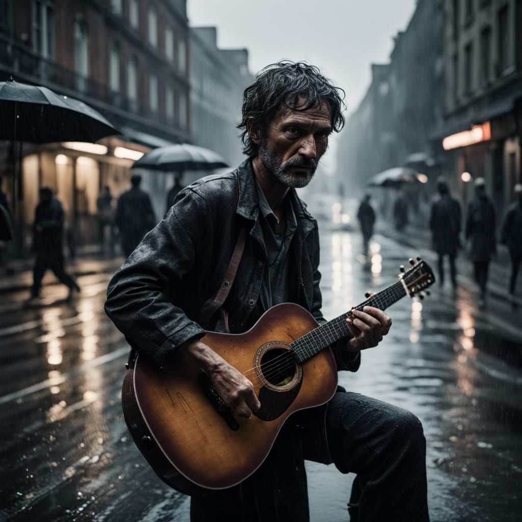 Moody Street Musician in Rainy Cityscape