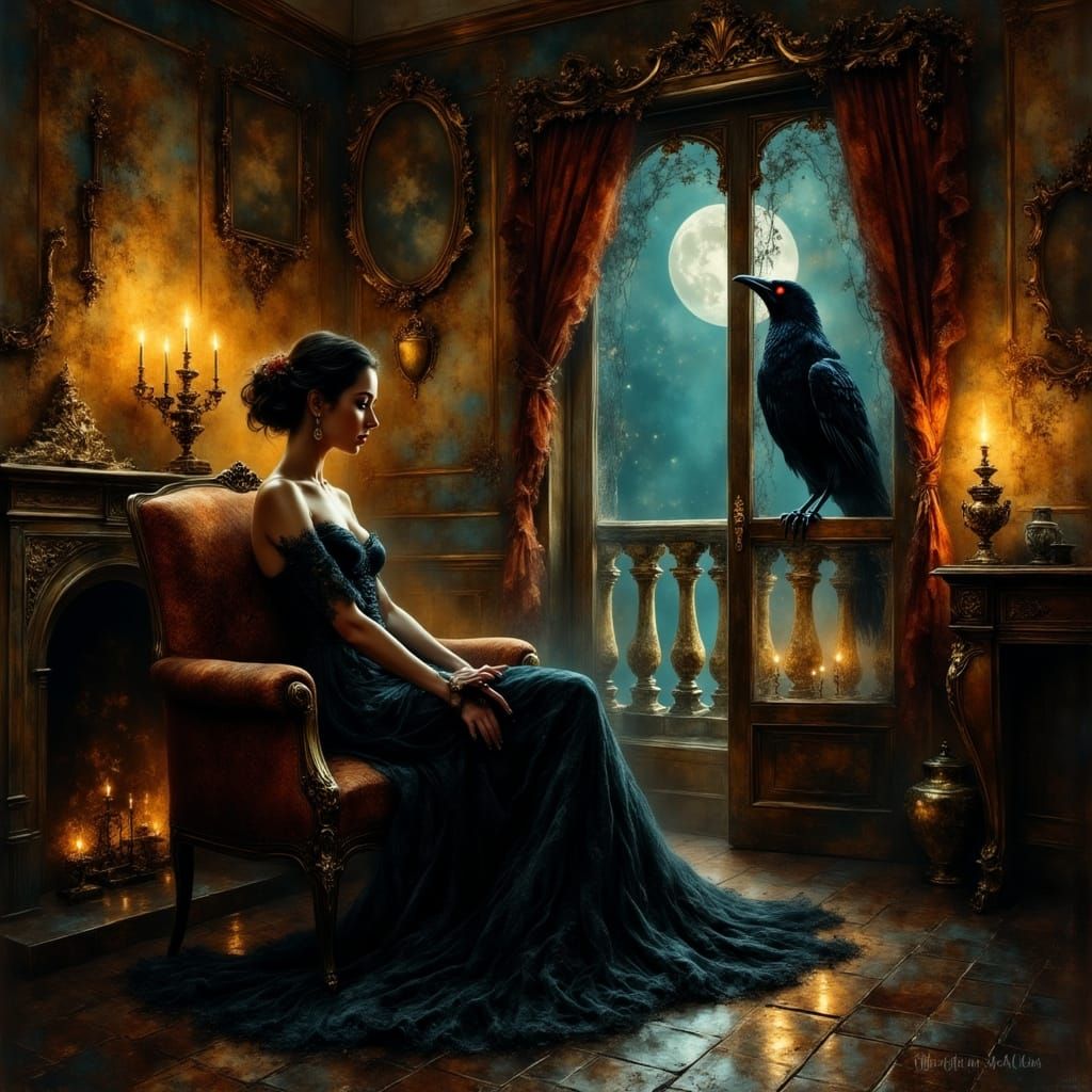 Ethereal Victorian Room with Raven, Dark Mystical Art