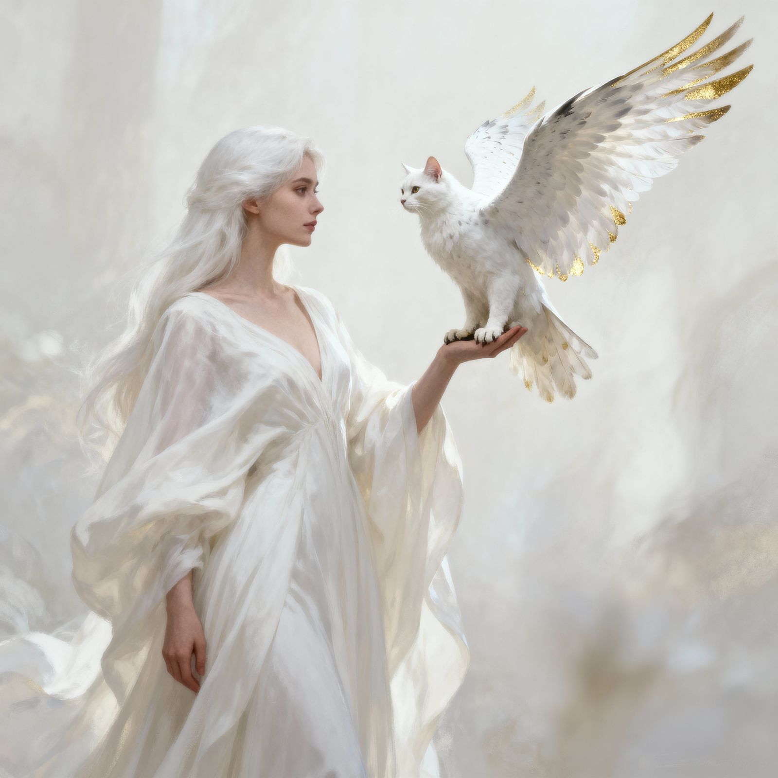 Woman with Winged Cat in Flowing Gown