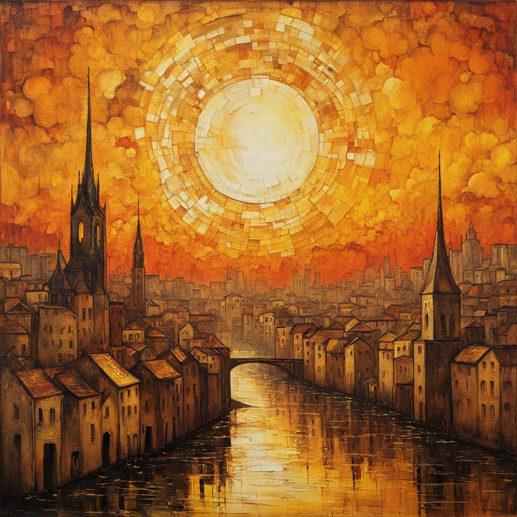 Sunset Cityscape in Dreamlike Surrealist Style